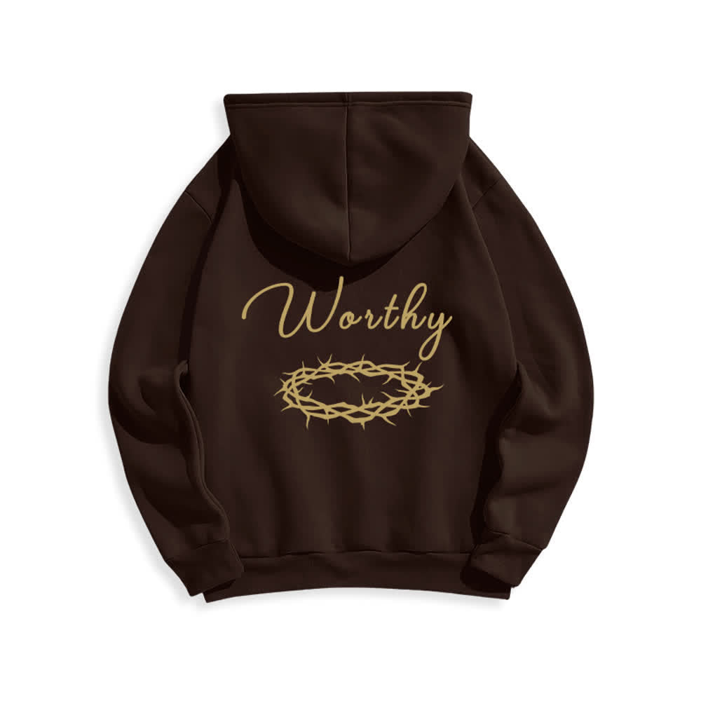 Christianartworkshop Jesus Is Worthy Gold Print Chocolate Brown Pullover Hoodie - image 1