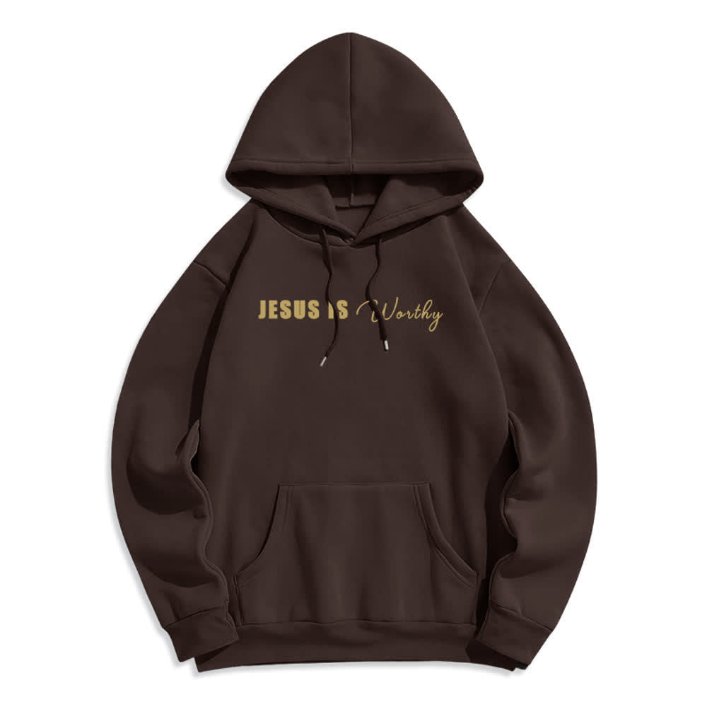 Christianartworkshop Jesus Is Worthy Gold Print Chocolate Brown Pullover Hoodie - image 2