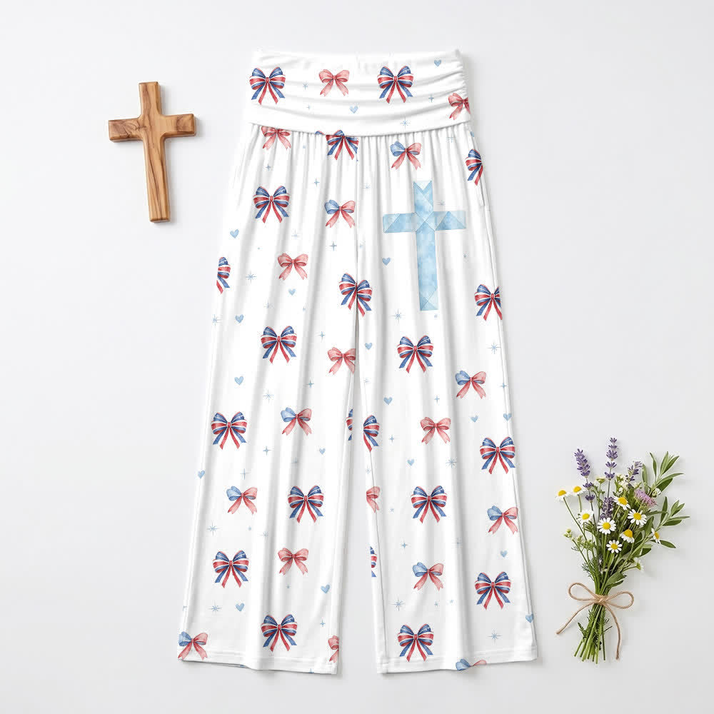 Christianartworkshop Sweet Bow Print Blue Cross Women's Wide Leg Pants - image 2