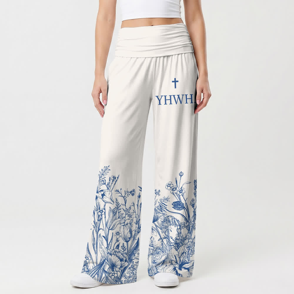 Christianartworkshop Blue Floral Hem YHWH Foldover Women's Wide Leg Pants - US22,UK/AU26,EU54 - image 0
