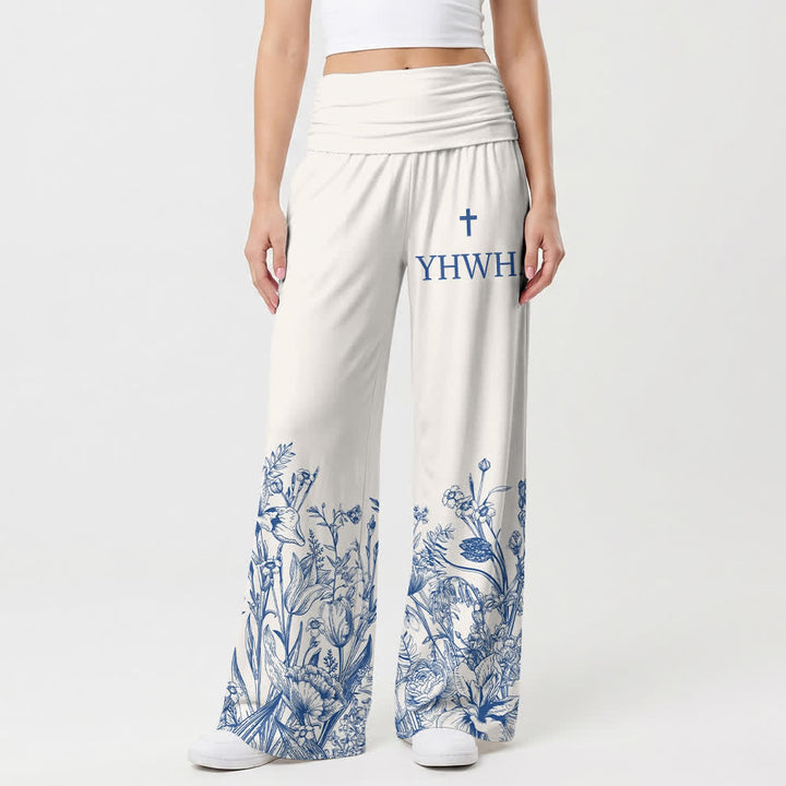 Christianartworkshop Blue Floral Hem YHWH Foldover Women's Wide Leg Pants - US22,UK/AU26,EU54 - image 0