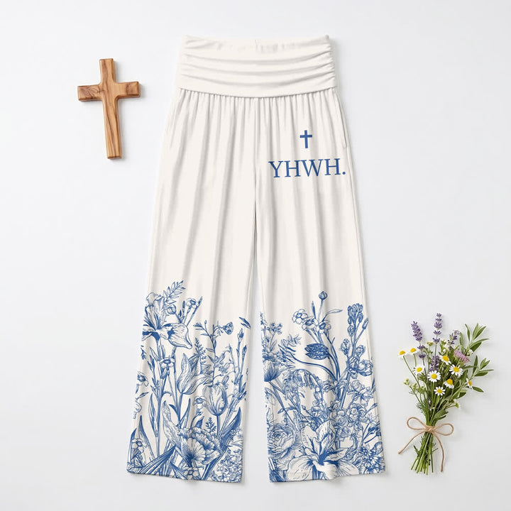 Christianartworkshop Blue Floral Hem YHWH Foldover Women's Wide Leg Pants - image 2