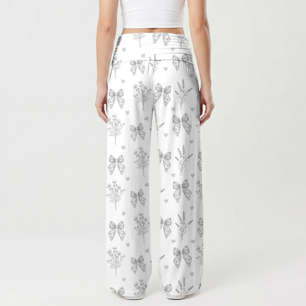Christianartworkshop Soft Gray Bow Floral Print Women's Wide Leg Pants - image 1