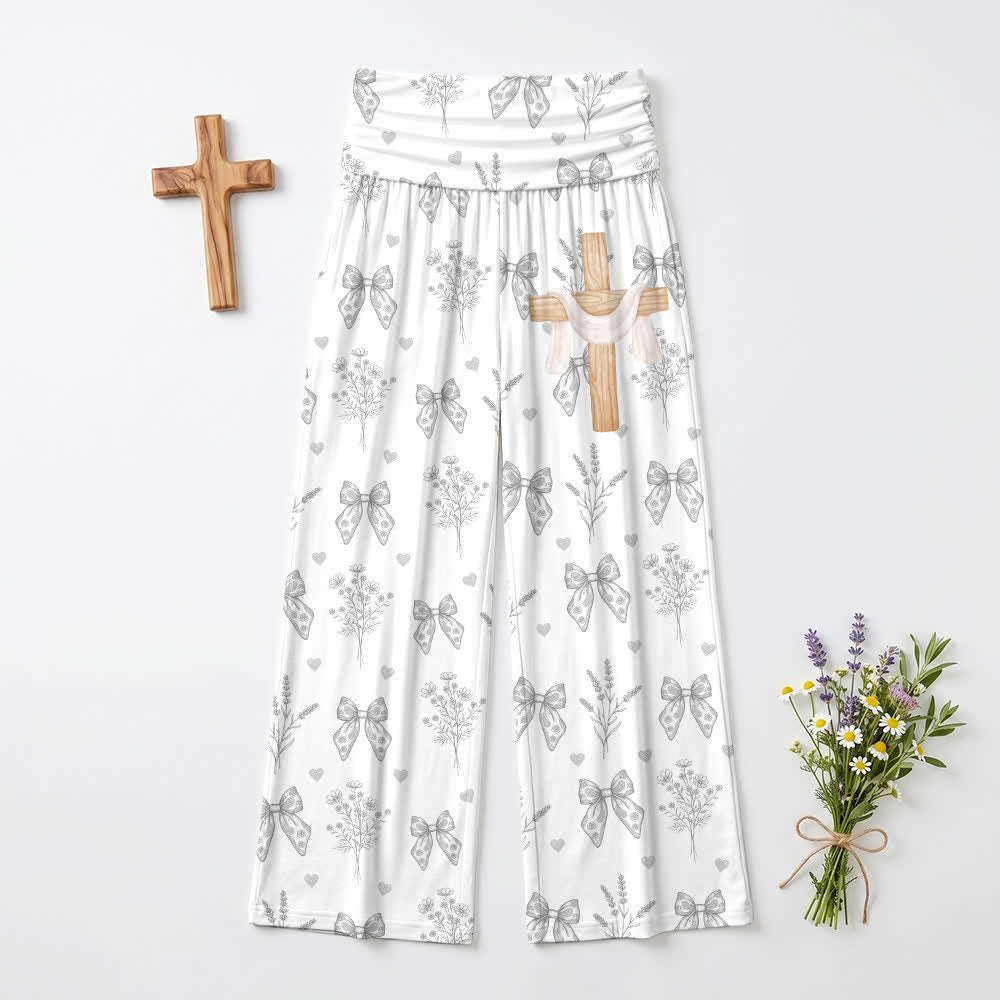 Christianartworkshop Soft Gray Bow Floral Print Women's Wide Leg Pants - image 2