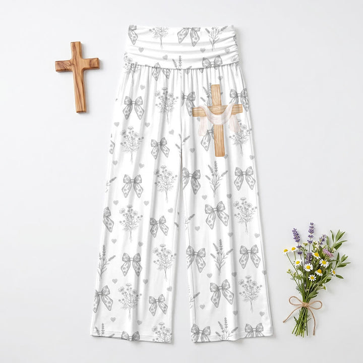 Christianartworkshop Soft Gray Bow Floral Print Women's Wide Leg Pants - image 2