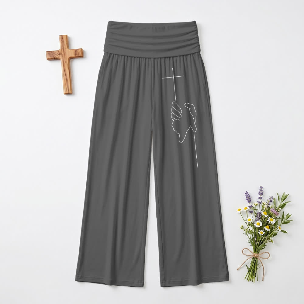Christianartworkshop Graceful Cross Line Art Black Soft Draped Womens Wide Leg Pants - Grey - US22,UK/AU26,EU54 - image 6