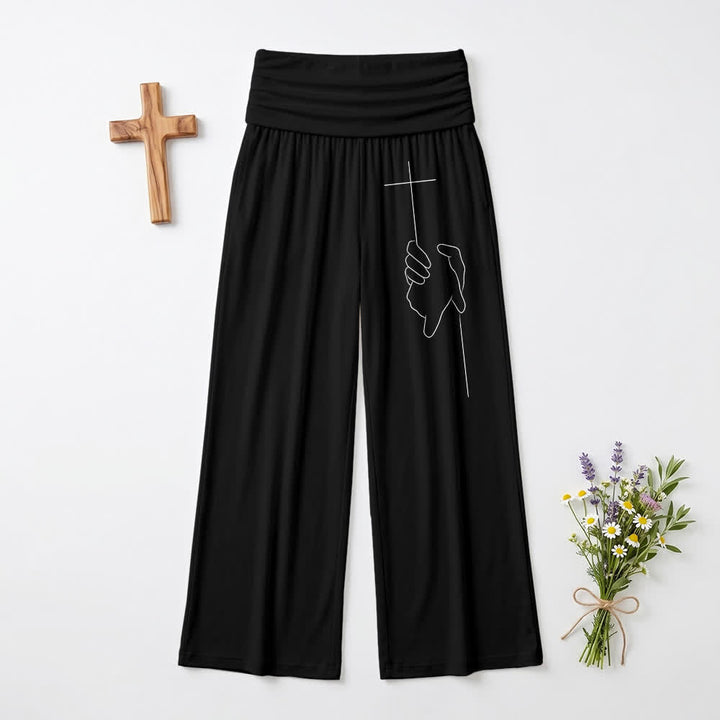 Christianartworkshop Graceful Cross Line Art Black Soft Draped Womens Wide Leg Pants - Black - US22,UK/AU26,EU54 - image 0