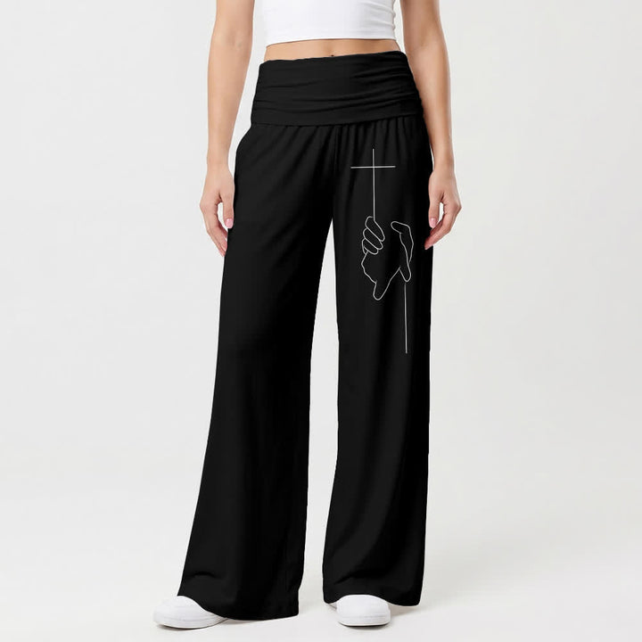 Christianartworkshop Graceful Cross Line Art Black Soft Draped Womens Wide Leg Pants - image 1