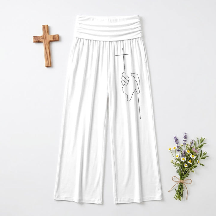 Christianartworkshop Graceful Cross Line Art Black Soft Draped Womens Wide Leg Pants - White - US22,UK/AU26,EU54 - image 12
