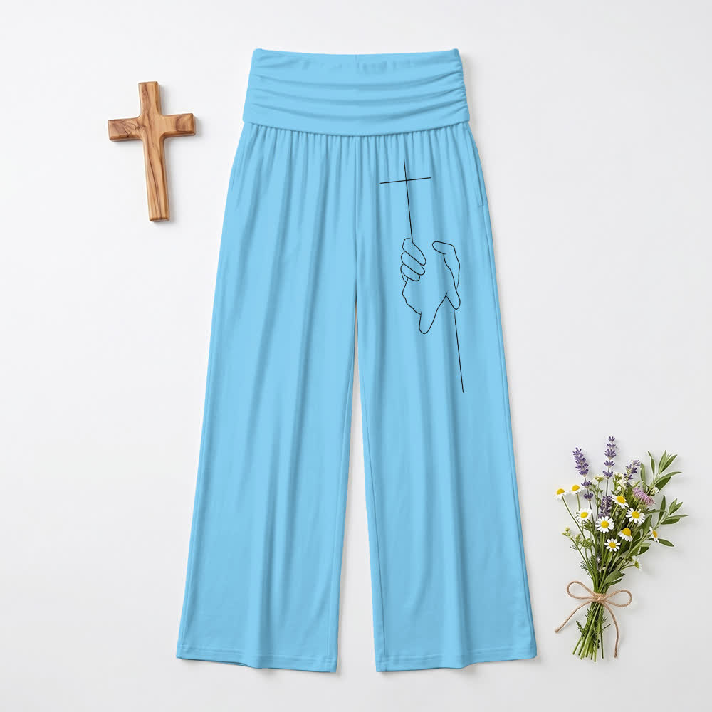 Christianartworkshop Graceful Cross Line Art Black Soft Draped Womens Wide Leg Pants - Blue - US22,UK/AU26,EU54 - image 3