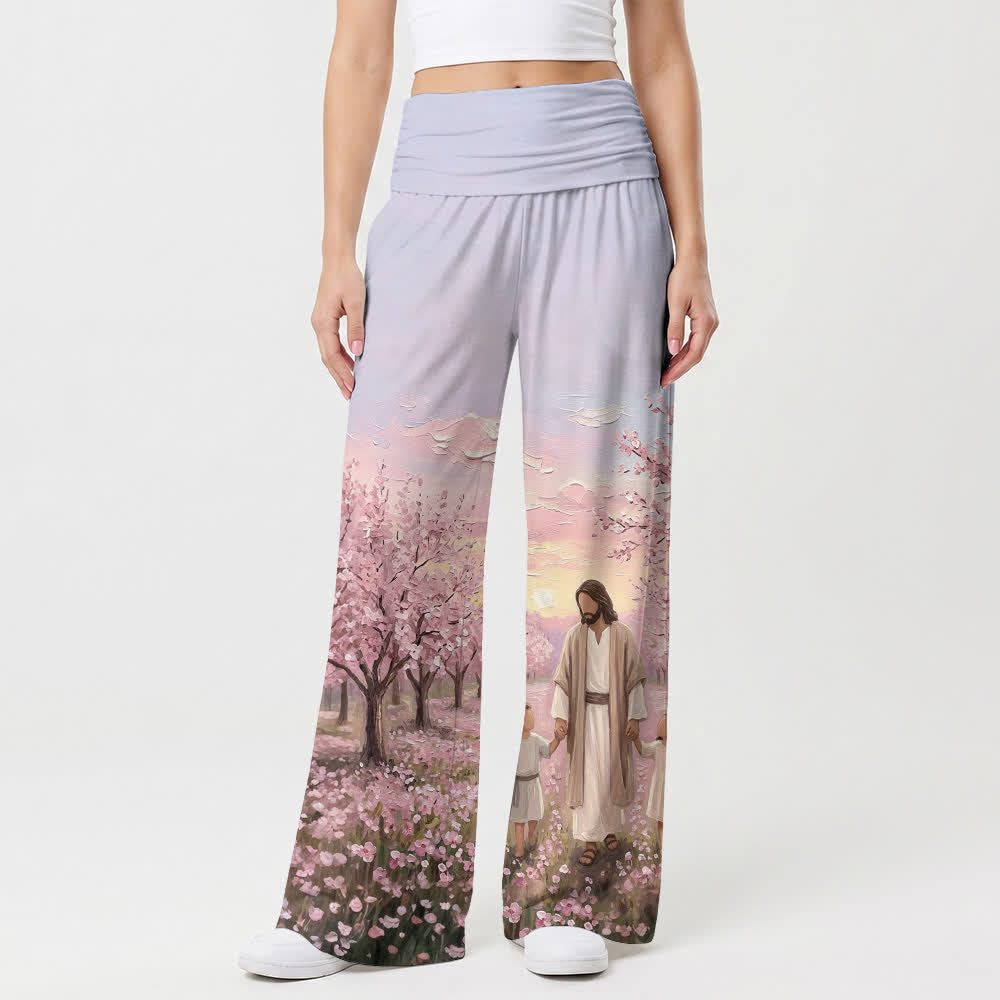 Christianartworkshop Jesus Cherry Blossom Sunrise Print Women’s Wide Leg Pants - image 1
