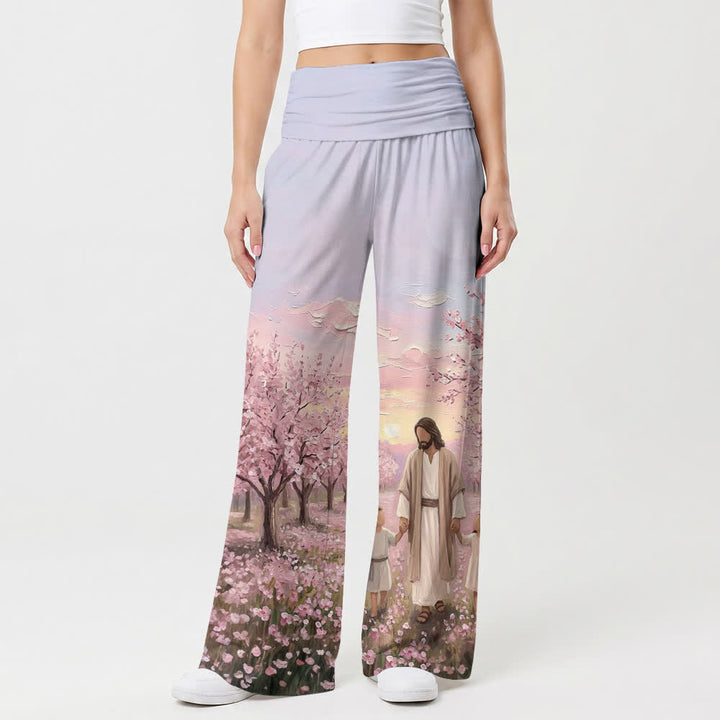 Christianartworkshop Jesus Cherry Blossom Sunrise Print Women’s Wide Leg Pants - image 1