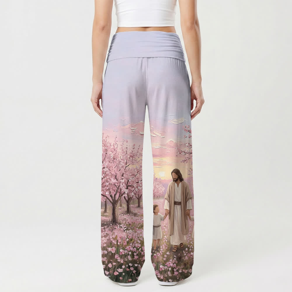 Christianartworkshop Jesus Cherry Blossom Sunrise Print Women’s Wide Leg Pants - image 2