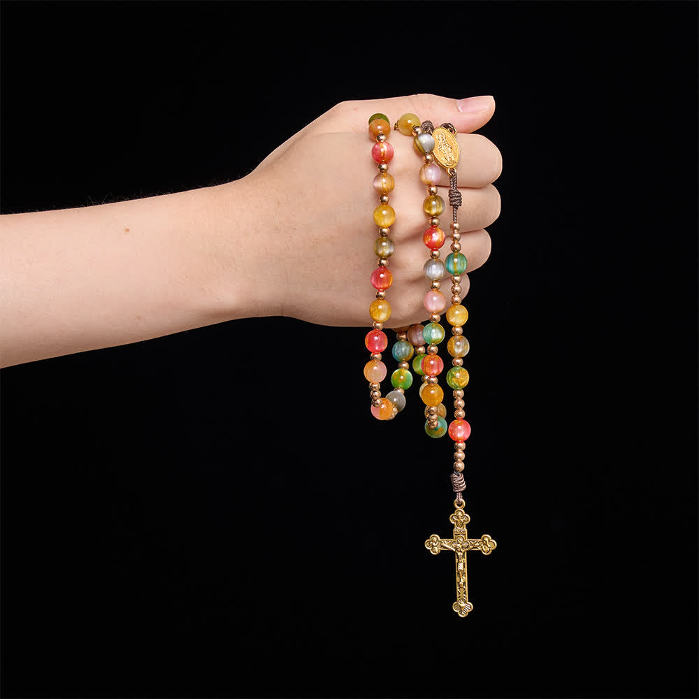 Christianartworkshop Glowing Colored Cat‑Eye Resin Rosary Featuring Vintage Carved Crucifix - image 1