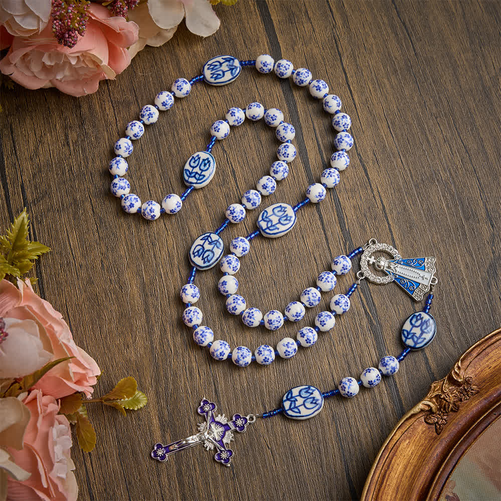 Christianartworkshop Our Lady of Aparecida Blue‑White Porcelain Rosary: Keepsake for Solemn Prayer Observance - Blue-And-White Floral Rosary - image 0