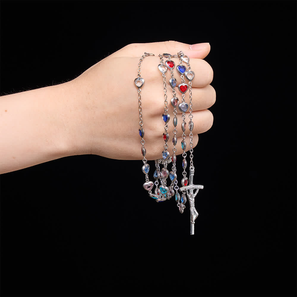 Christianartworkshop Silver‑Toned Heart‑Zircon Rosary With St.Benedict Medallion: Emblem of Gentle Heavenly Grace - image 1