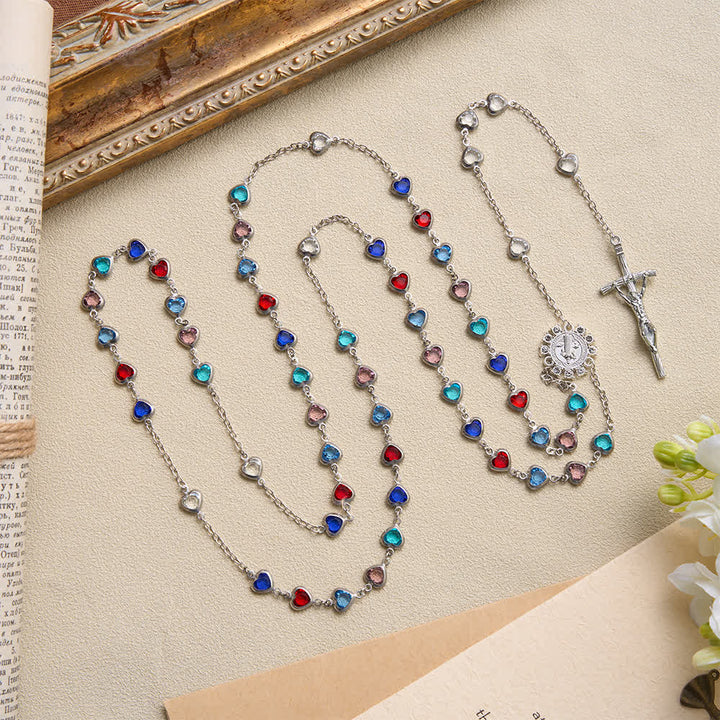 Christianartworkshop Silver‑Toned Heart‑Zircon Rosary With St.Benedict Medallion: Emblem of Gentle Heavenly Grace - image 2