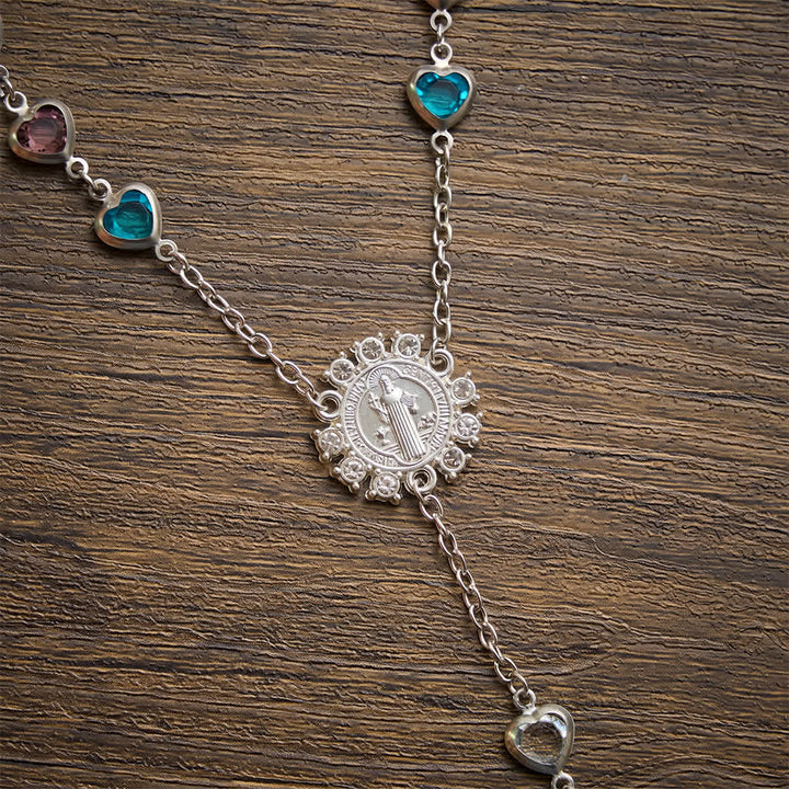 Christianartworkshop Silver‑Toned Heart‑Zircon Rosary With St.Benedict Medallion: Emblem of Gentle Heavenly Grace - image 7