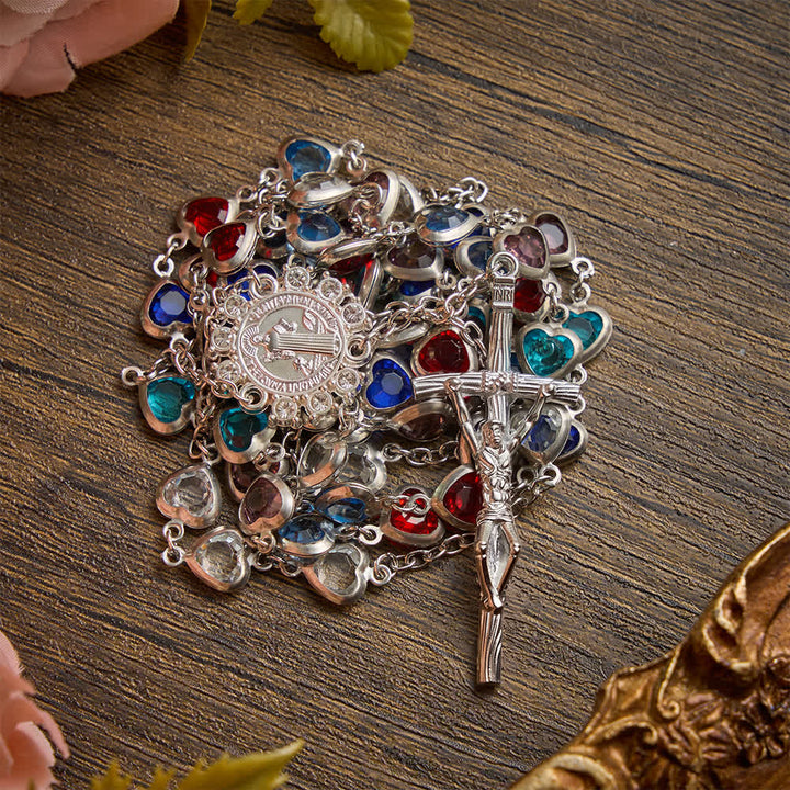 Christianartworkshop Silver‑Toned Heart‑Zircon Rosary With St.Benedict Medallion: Emblem of Gentle Heavenly Grace - image 5