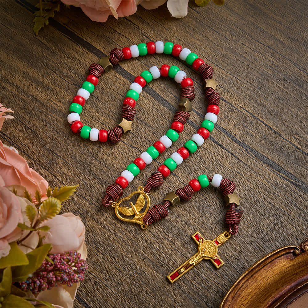 Christianartworkshop Christmas‑Toned Bead‑Cord Rosary With Holy Spirit Medallion: Emblem of Warm Heavenly Grace - Christmas-Toned Holy Spirit Rosary - image 0