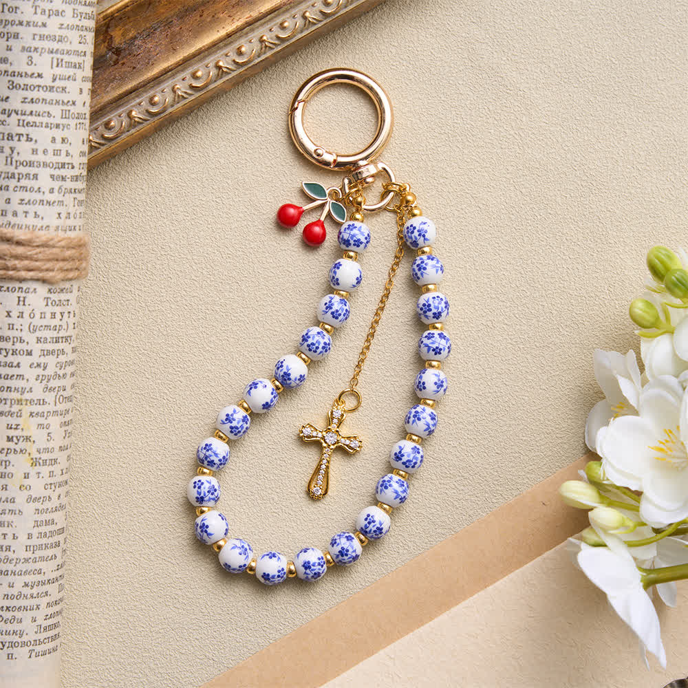 Christianartworkshop Floral Porcelain‑Bead Cherry Accent Bag Charm With Jeweled Cross: Emblem of Gentle Heavenly Grace - image 3