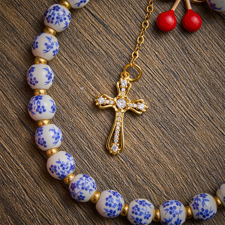 Christianartworkshop Floral Porcelain‑Bead Cherry Accent Bag Charm With Jeweled Cross: Emblem of Gentle Heavenly Grace - image 7