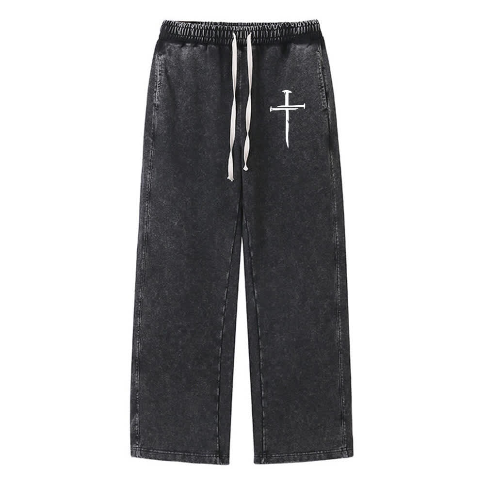 Christianartworkshop Vintage Cross Graphic Streetwear Washed Sweatpants - Black - 2XL - image 0
