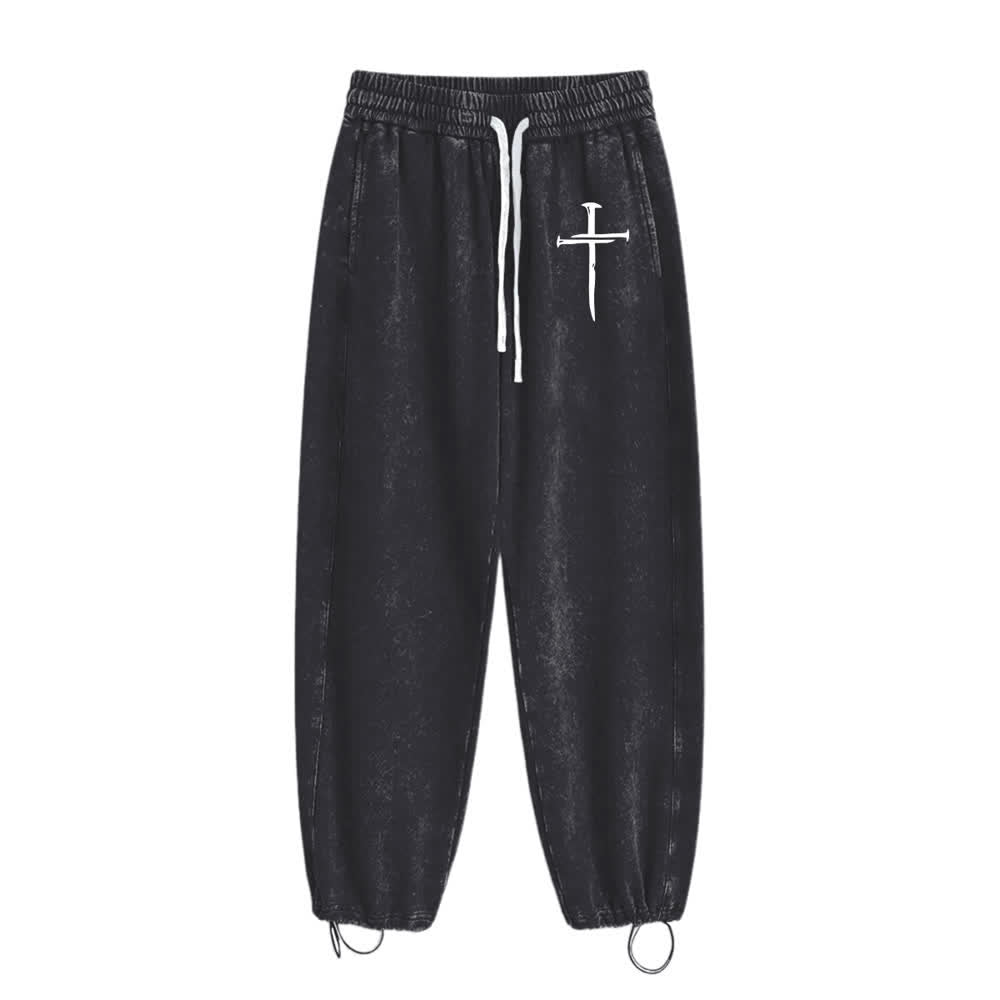 Christianartworkshop Vintage Cross Graphic Streetwear Washed Sweatpants - image 1
