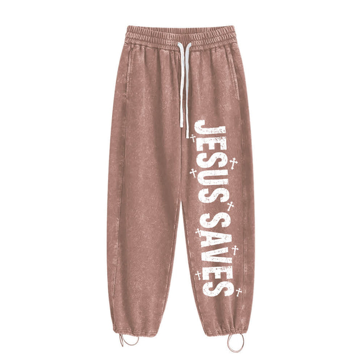 Christianartworkshop Jesus Saves Distressed Statement Washed Sweatpants - Brown - 2XL - image 17