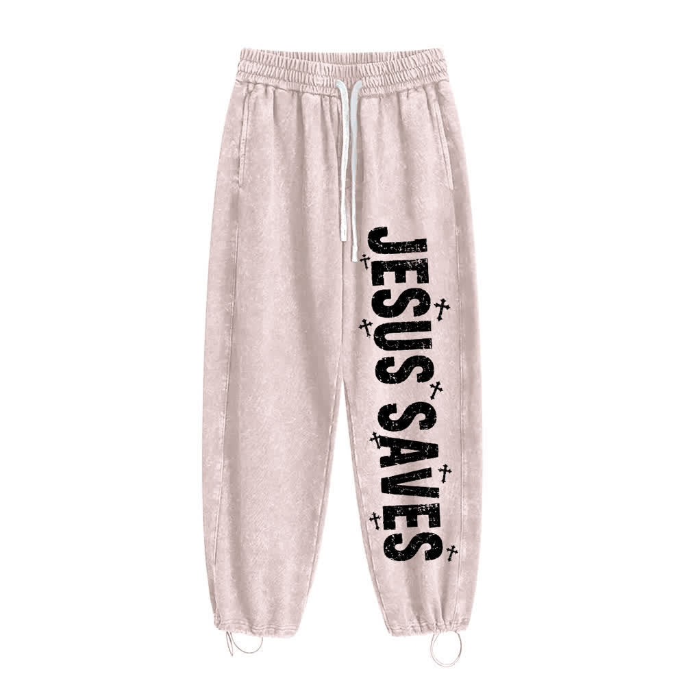 Christianartworkshop Jesus Saves Distressed Statement Washed Sweatpants - Beige - 2XL - image 8