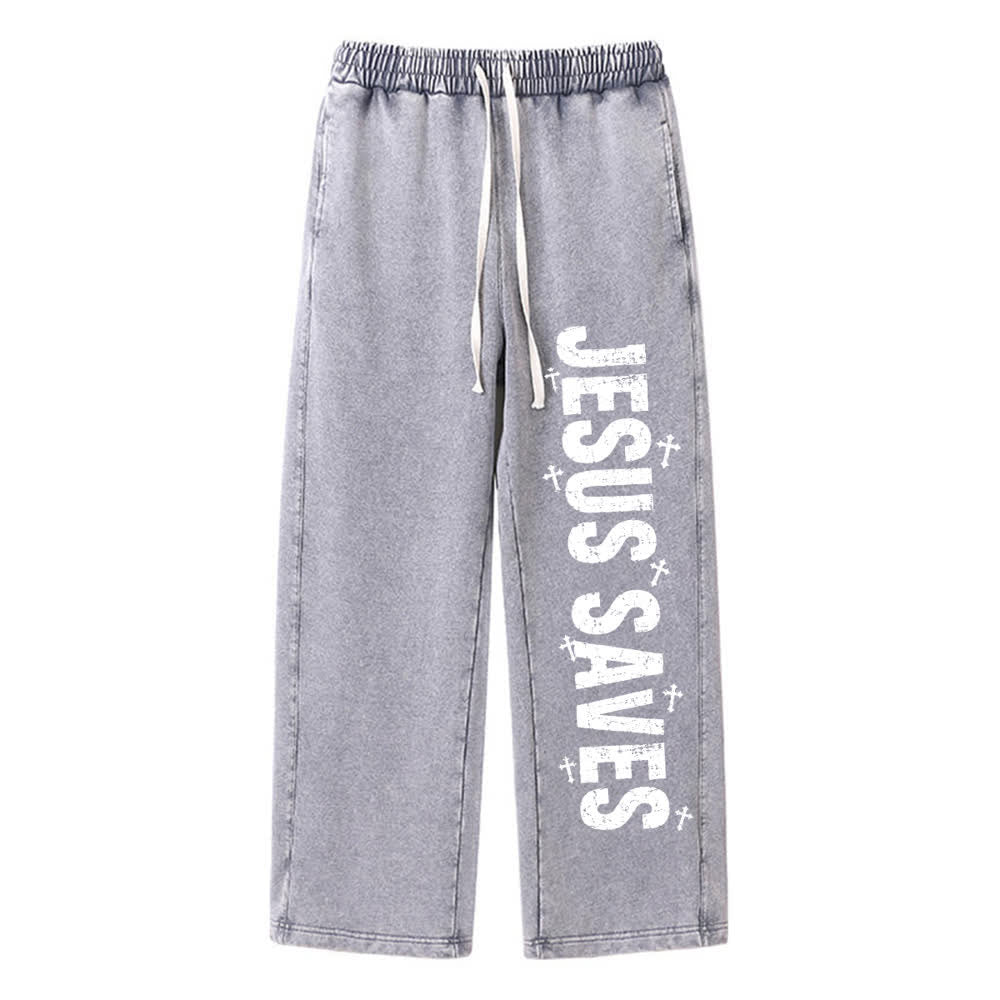 Christianartworkshop Jesus Saves Distressed Statement Washed Sweatpants - Grey - 2XL - image 3