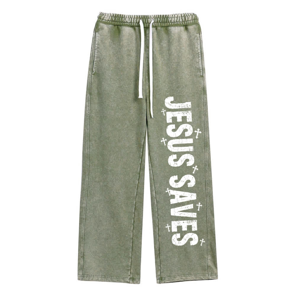 Christianartworkshop Jesus Saves Distressed Statement Washed Sweatpants - Army Green - 2XL - image 12