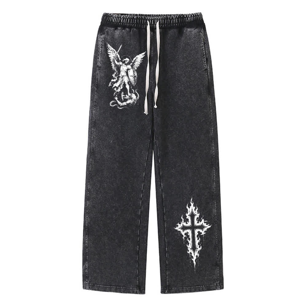 Christianartworkshop St.Michael Archangel Flame Cross Vintage Street Washed Sweatpants - Black - 2XL - image 0