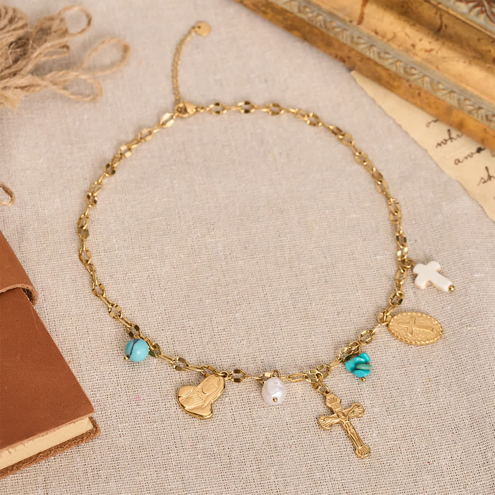 Christianartworkshop Multi Charm Necklace With Cross Crucifix Our Lady Emblem Of Gentle Heavenly Solace - Crucifix&Our Lady&Cross - image 0