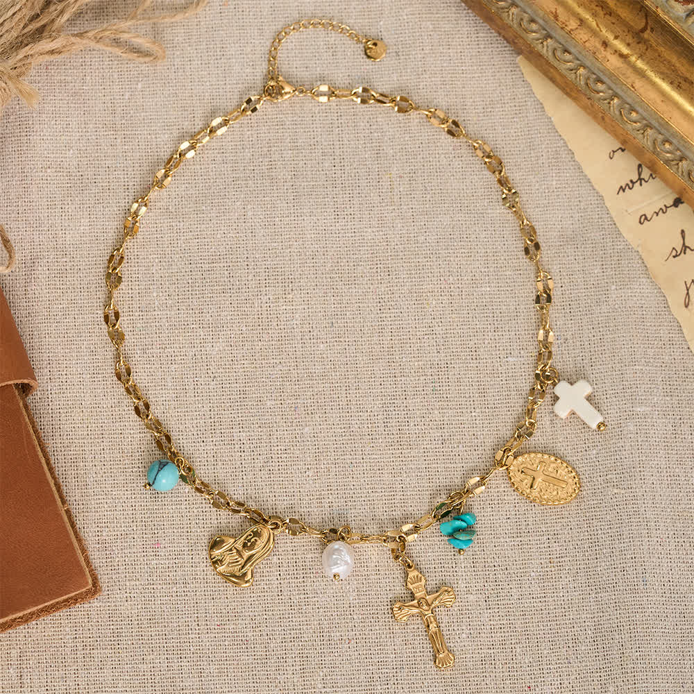 Christianartworkshop Multi Charm Necklace With Cross Crucifix Our Lady Emblem Of Gentle Heavenly Solace - image 1