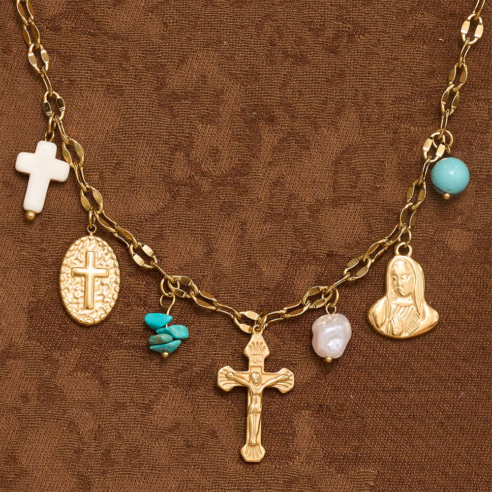 Christianartworkshop Multi Charm Necklace With Cross Crucifix Our Lady Emblem Of Gentle Heavenly Solace - image 2
