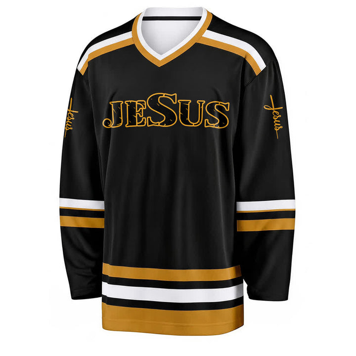 Christianartworkshop Jesus Black Gold Varsity Style Hockey Jersey - image 1