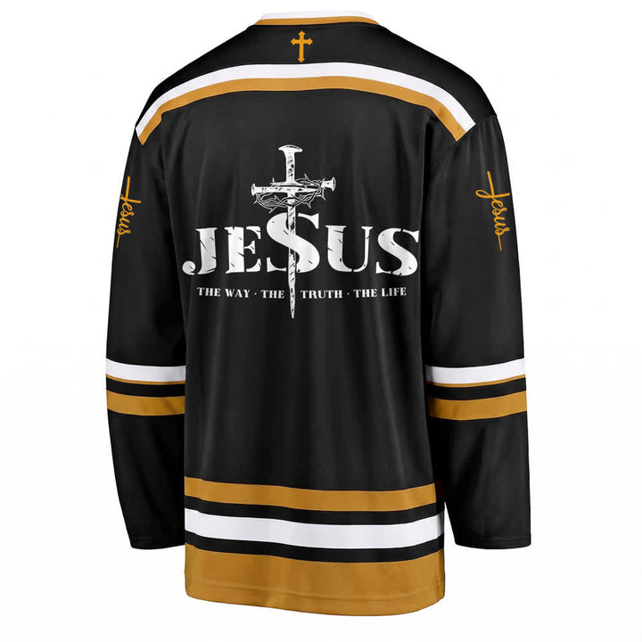 Christianartworkshop Jesus Black Gold Varsity Style Hockey Jersey - image 2