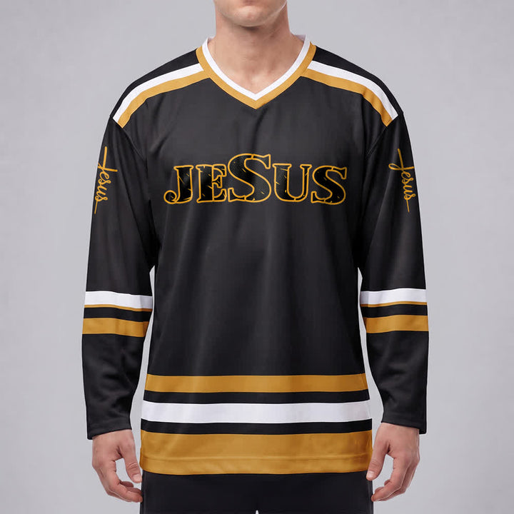 Christianartworkshop Jesus Black Gold Varsity Style Hockey Jersey - image 3