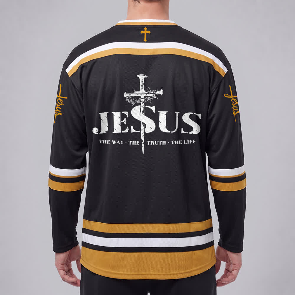 Christianartworkshop Jesus Black Gold Varsity Style Hockey Jersey - image 4