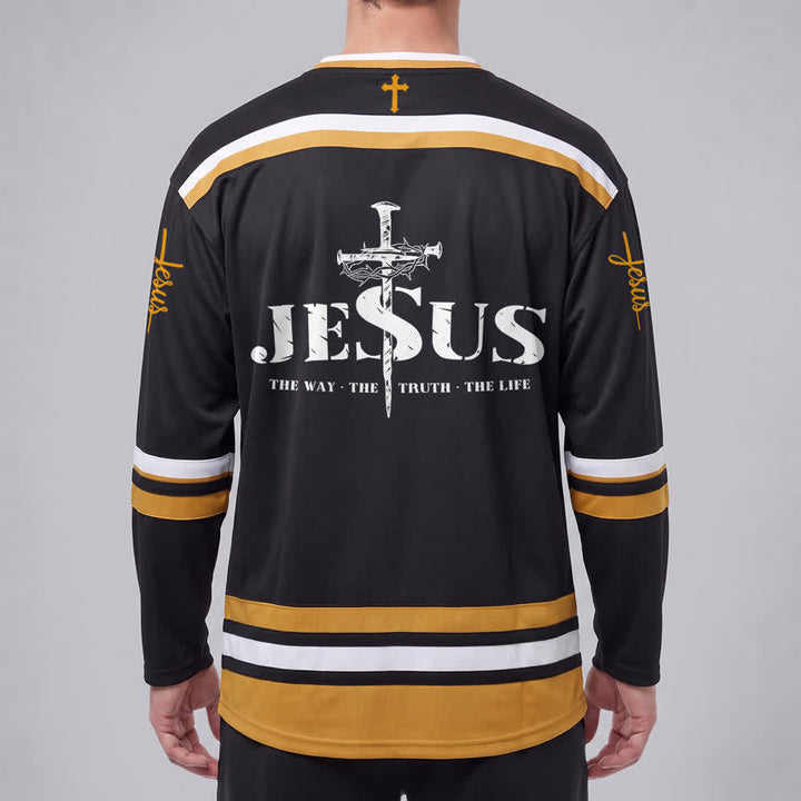 Christianartworkshop Jesus Black Gold Varsity Style Hockey Jersey - image 4