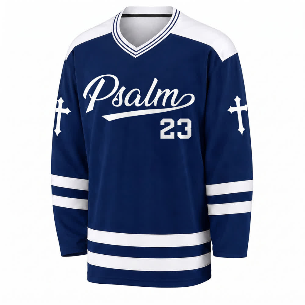 Christianartworkshop Psalm 23 Navy Cross Sleeve Vintage Hockey Jersey - image 1