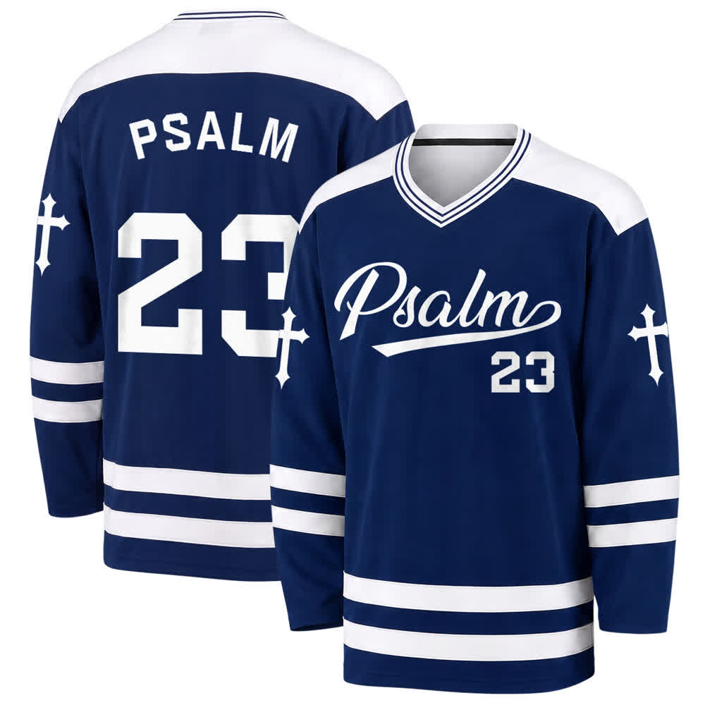 Christianartworkshop Psalm 23 Navy Cross Sleeve Vintage Hockey Jersey - 5XL - image 0