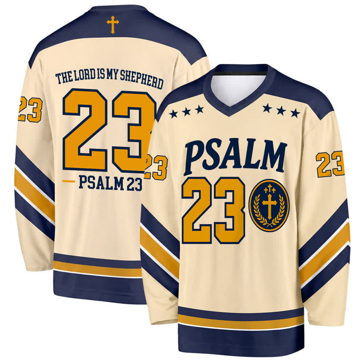 Christianartworkshop Psalm 23 Shepherd Verse Navy Gold Hockey Jersey - 5XL - image 0