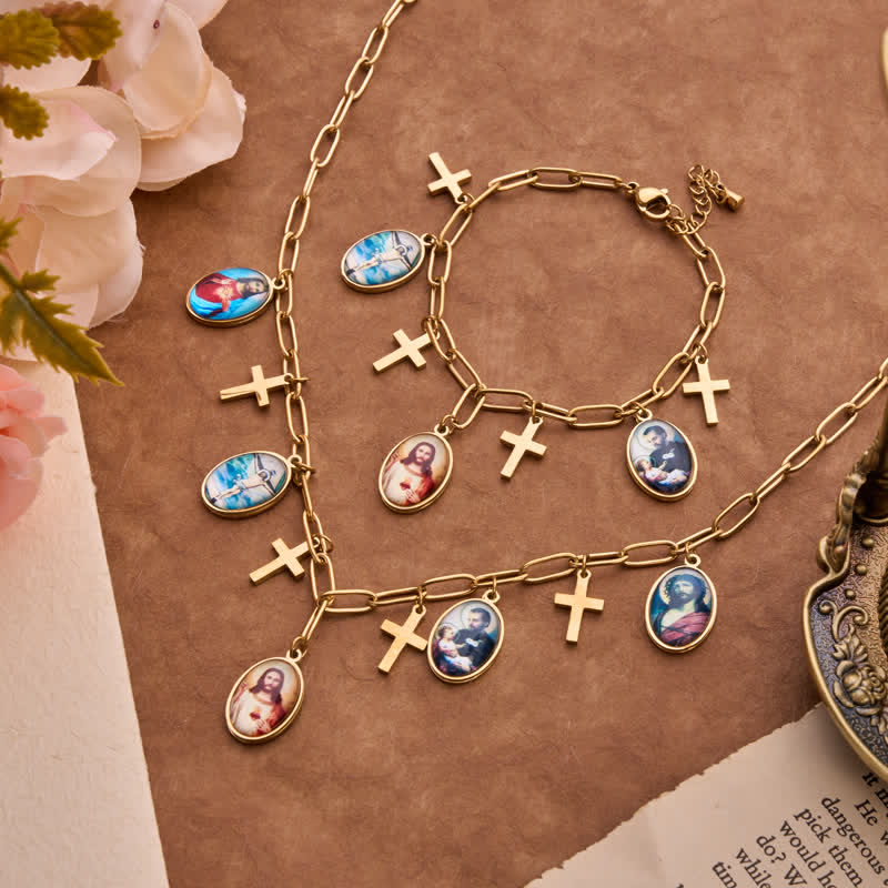 Christianartworkshop Dangle Jesus & Our Lady Medal Set With Cross Pendants: Badge of Heavenly Grace - image 0