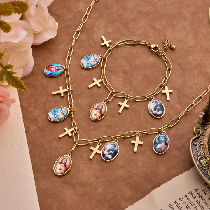 Christianartworkshop Dangle Jesus & Our Lady Medal Set With Cross Pendants: Badge of Heavenly Grace - image 0