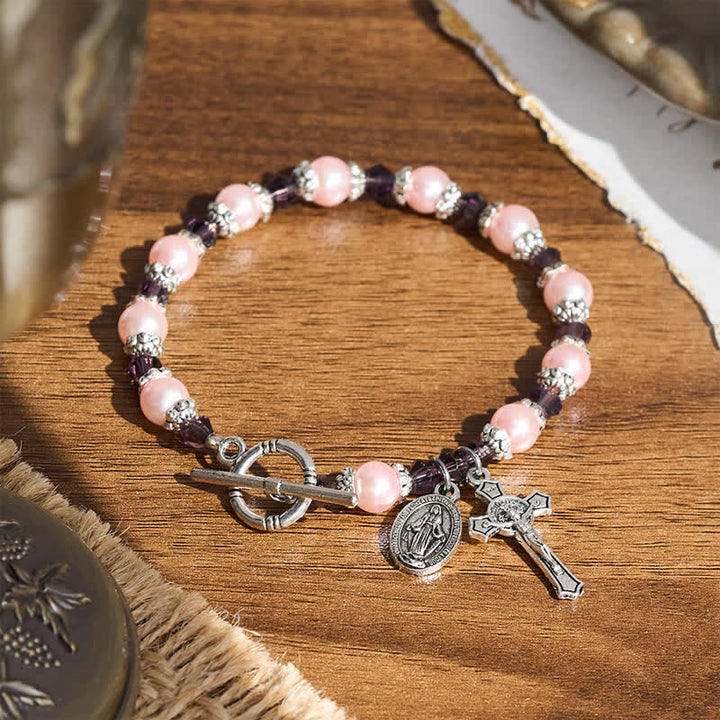 Christianartworkshop Toggle‑Clasp Bracelet With Our Lady Medal & Crucifix: Token of Peaceful Solace - Crucifix & Our Lady - image 0