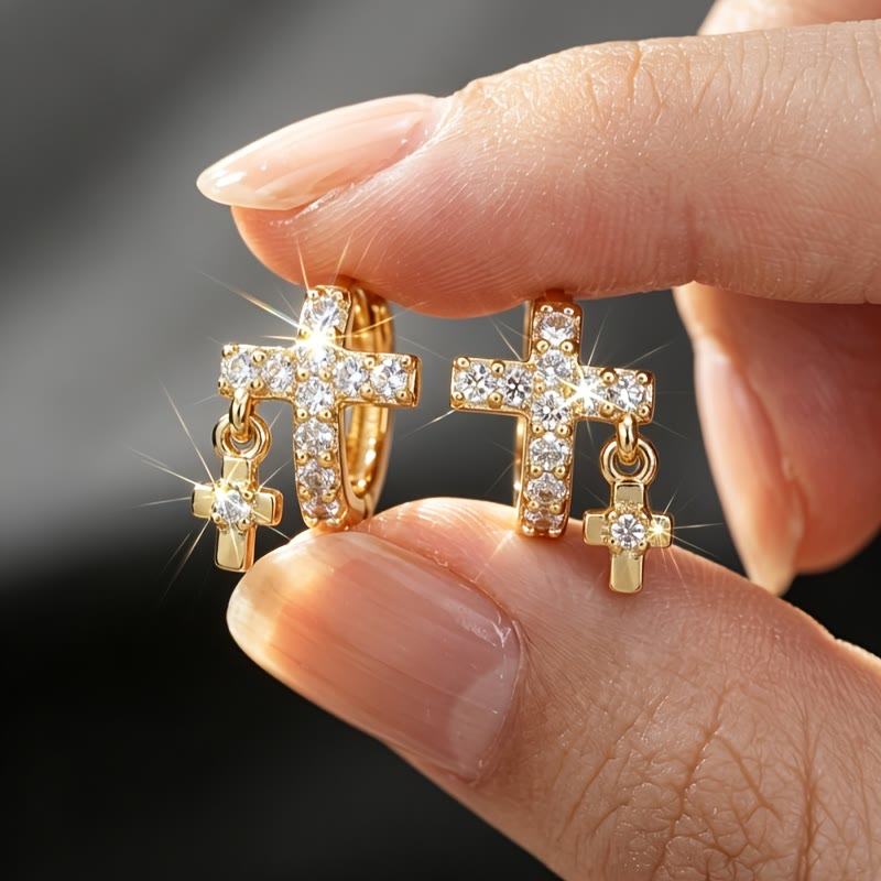 FREE Today: Double Cross Paved Crystal Hoop Earrings: Emblem of Gentle Heavenly Blessings - Golden - image 0