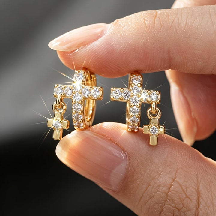 FREE Today: Double Cross Paved Crystal Hoop Earrings: Emblem of Gentle Heavenly Blessings - Golden - image 0
