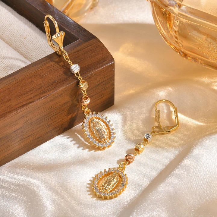 Christianartworkshop Engraved Our Lady Portrait Drop Earrings: Symbol Of Calm Everlasting Peace - Golden - image 0